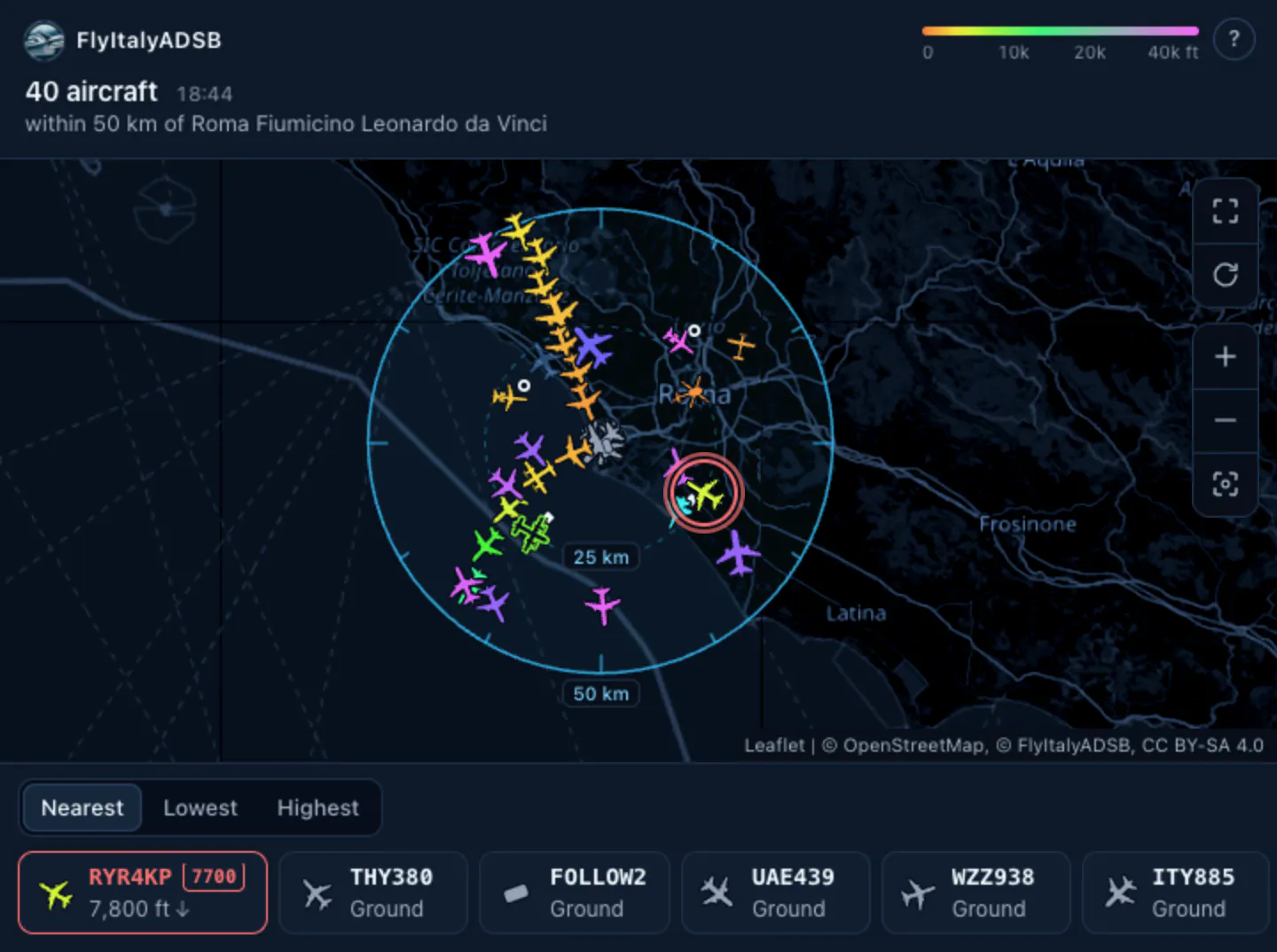 The FlyItalyADSB map inside a conversation: 40 aircraft within 50 km of Rome Fiumicino, coloured by altitude, with the search circle and the aircraft list below; the first one, RYR4KP, is squawking 7700.