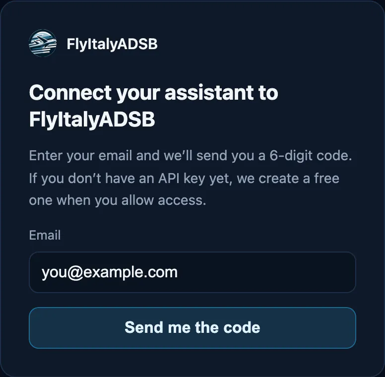 The FlyItalyADSB sign-in page: “Connect your assistant to FlyItalyADSB”, with the email field and the “Send me the code” button.