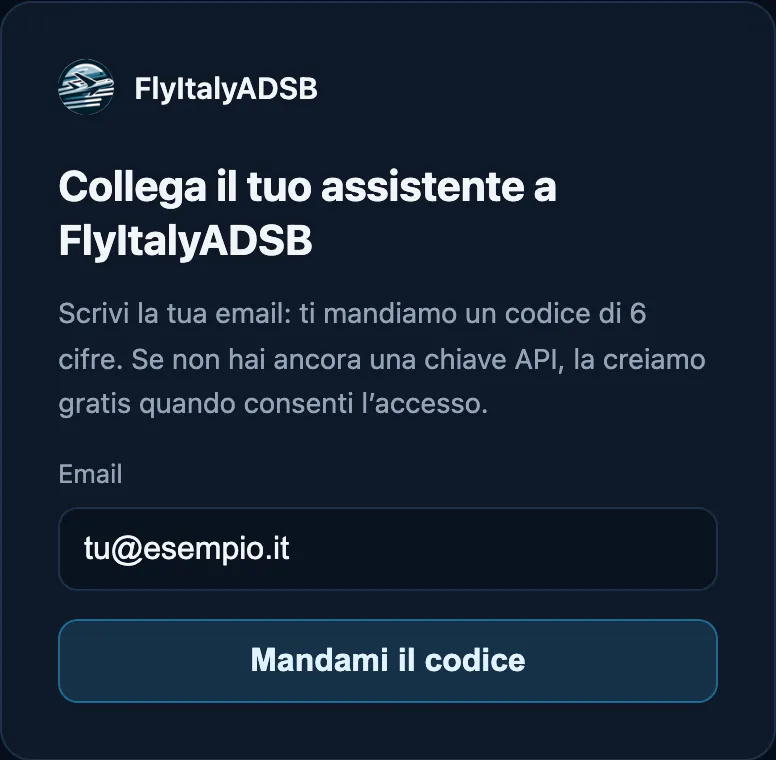 La pagina di accesso di FlyItalyADSB: «Collega il tuo assistente a FlyItalyADSB», con il campo per l’email e il pulsante «Mandami il codice».