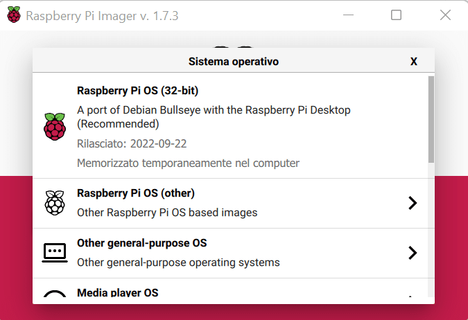 Selezione del sistema operativo da Raspberry pi imager